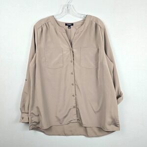 Elementz Button Front Roll Tab Long Sleeve Light Brown Women Shirt XL